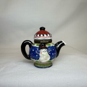 Mary Engelbreit Mini Teapot Trinket Box Christmas Snowmen Hinged